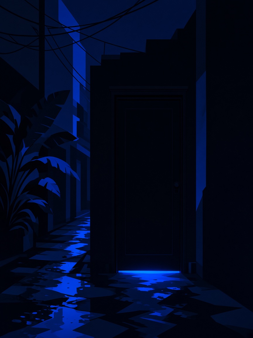 An unmarked door in a Bangkok soi, cobalt light beneath it
