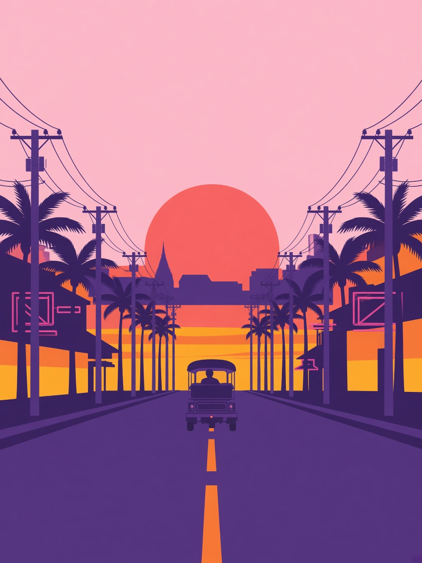 Tuk-tuk riding into a Bangkok sunset